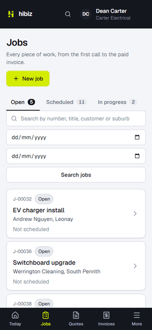 The jobs list on a phone